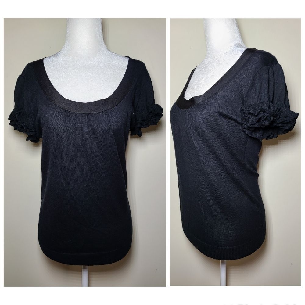 Ted Baker London|Black Silk Wool Black Ruffle Short Sleeve Top, 2